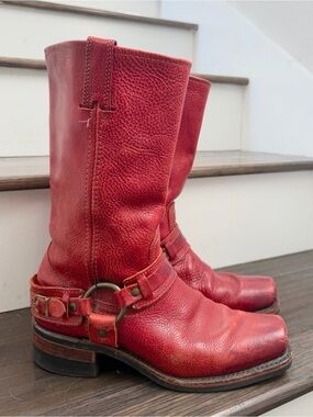 Vintage Frye Square Toe 12R Harness Biker Boots 77252 Red USA Made 8.5